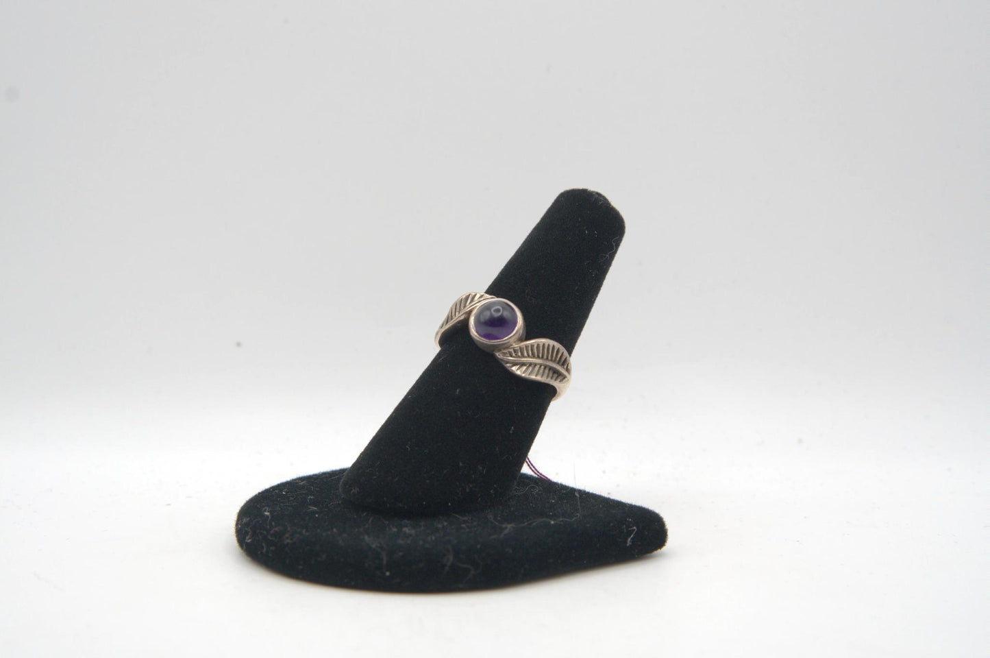 Amethyst Cabochon Bezel Leaves Silver Ring