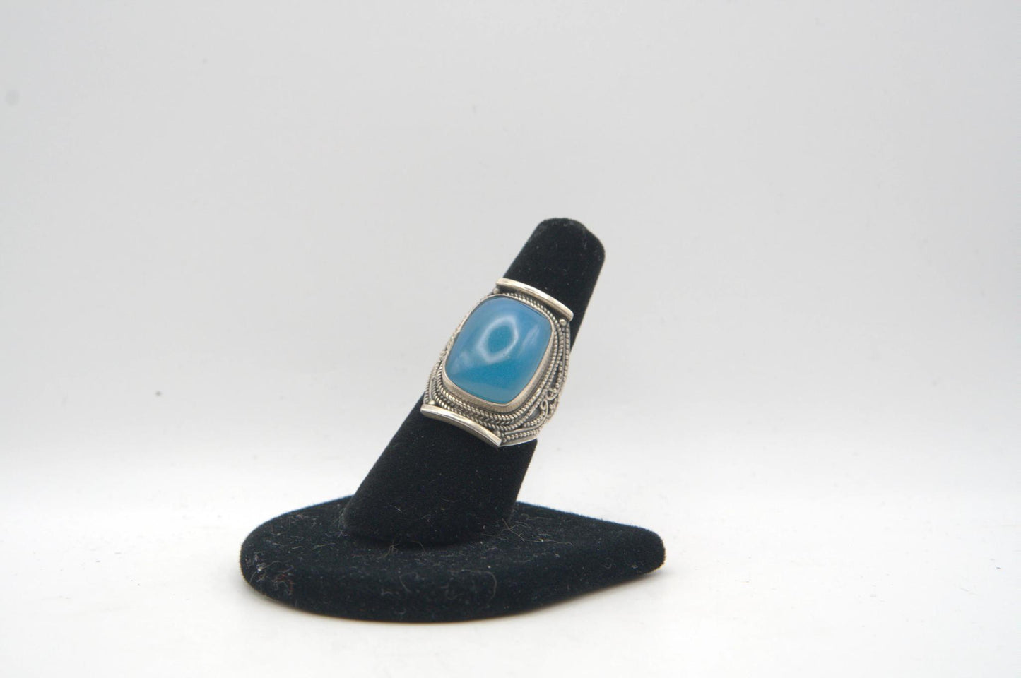 Blue Chalcedony Rectangle Cabochon Bezel Set Silver Ring