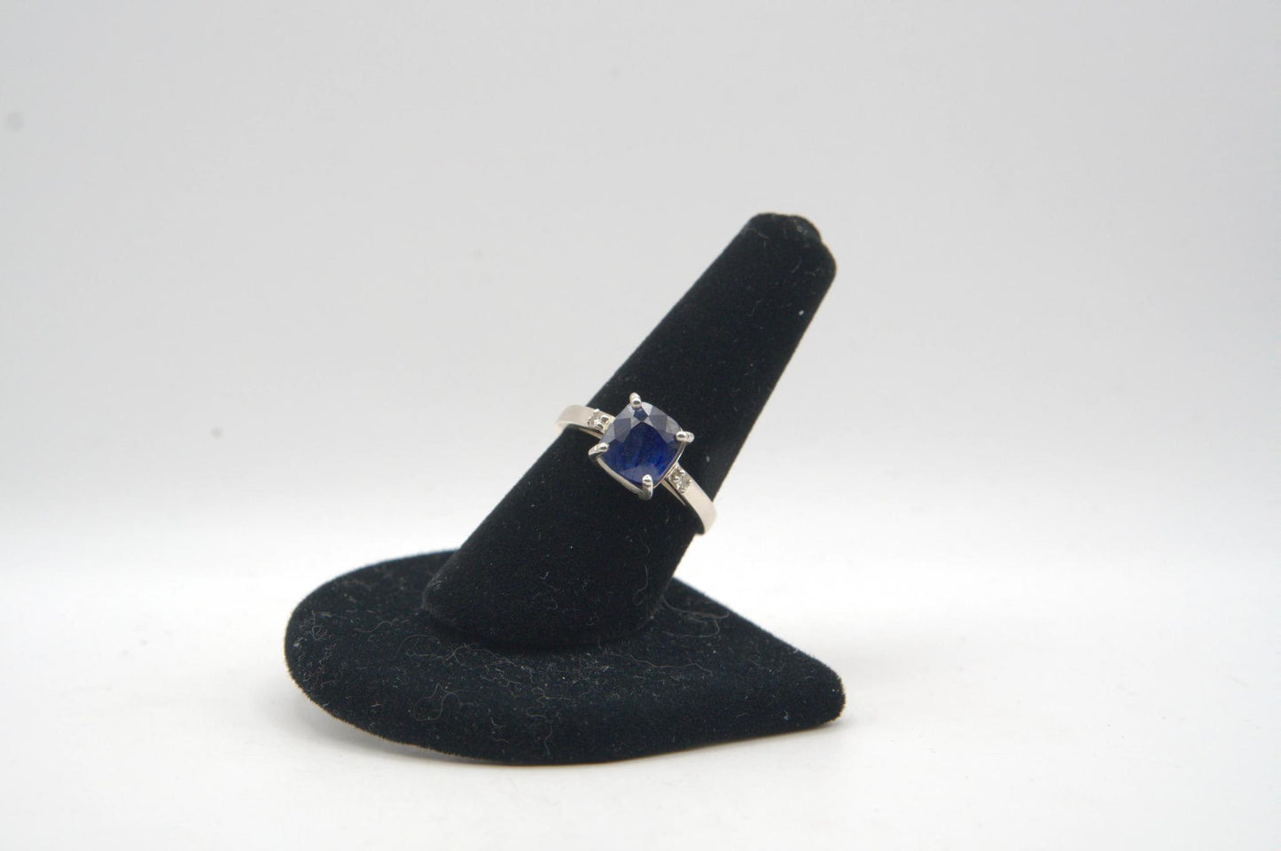 Cushion Cut Sapphire with Diamond Accents Silver Ring