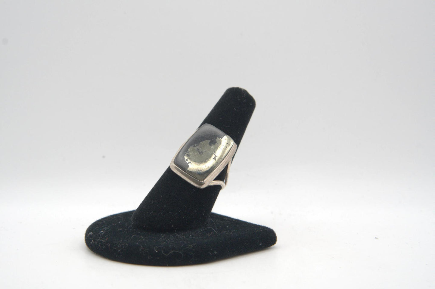 Pyrite Rectangle Cabochon Bezel Silver Ring