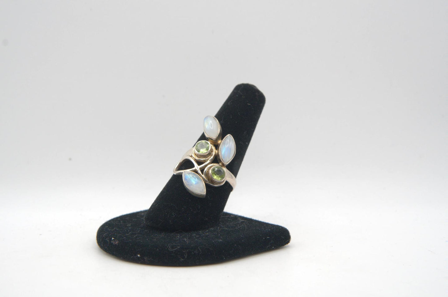 Peridot Duo Circular Cut with Moonstone Leaves Silver Ring