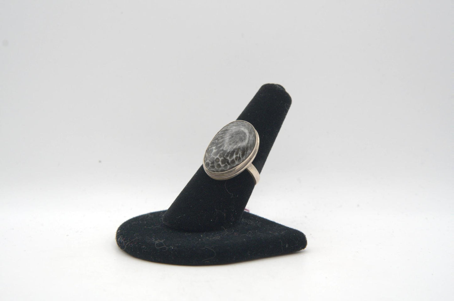 Agatized Coral Cabochon Bezel Silver Ring