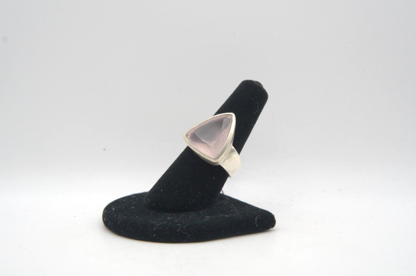 Triangle Cut Rose Quartz Silver Bezel Ring