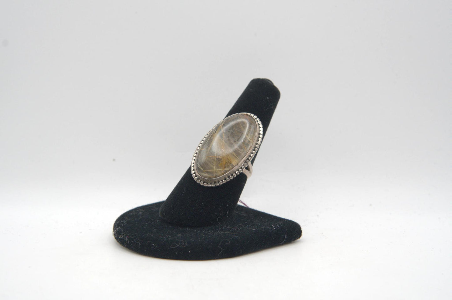 Gold Rutilated Quartz Oval Cabochon Bezel Silver Ring