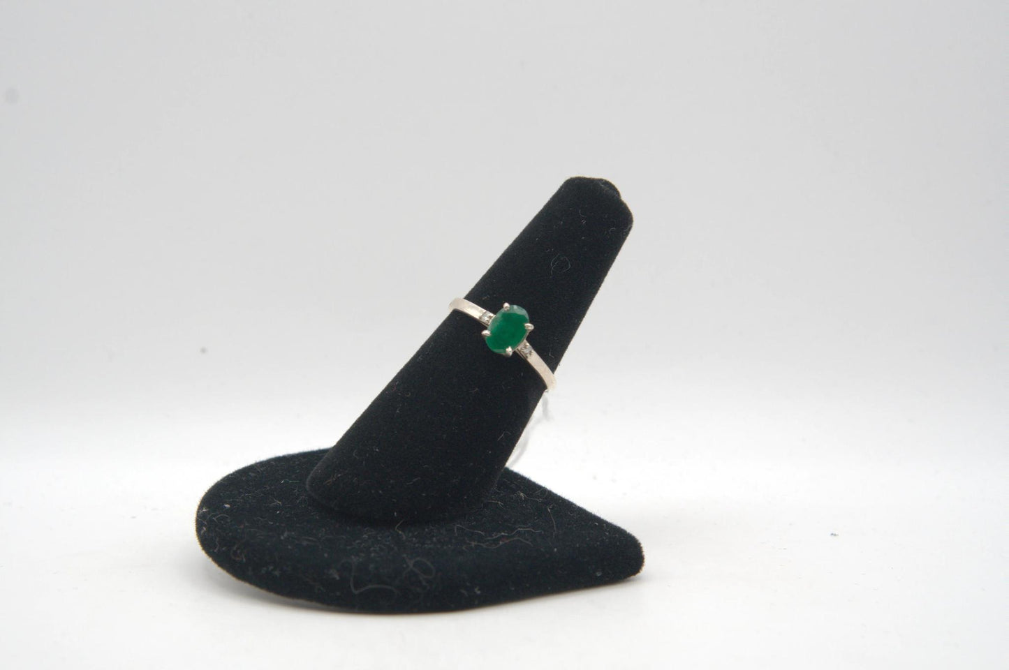 Oval Cut Emerald Silver Ring with Diamond Accents