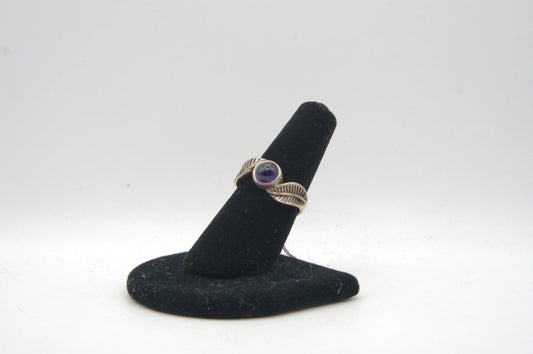 Amethyst Cabochon Bezel Leaves Silver Ring