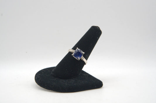 Cushion Cut Sapphire with Diamond Accents Silver Ring