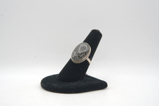 Agatized Coral Cabochon Bezel Silver Ring