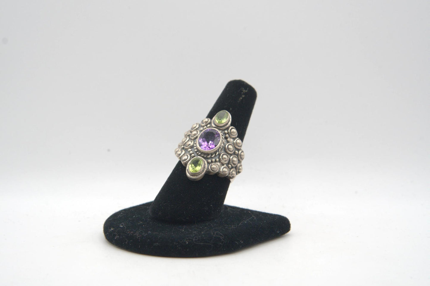 Amethyst and Peridot 3 Stone Silver Ring