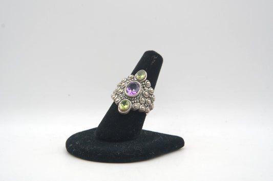 Amethyst and Peridot 3 Stone Silver Ring