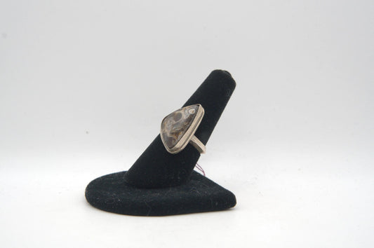 Turritella Agate Cabochon Bezel Set Silver Ring