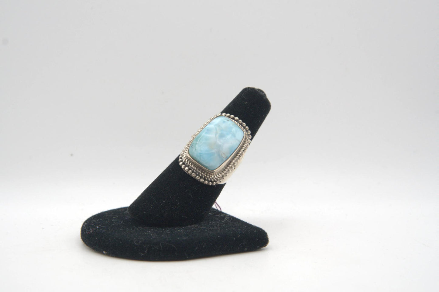 Blue Larimar Rectangular Cabochon Bezel Set Silver Ring
