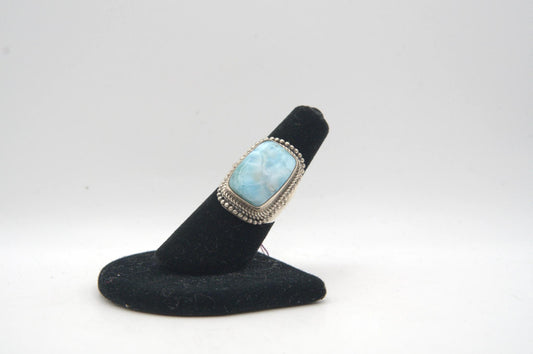 Blue Larimar Rectangular Cabochon Bezel Set Silver Ring