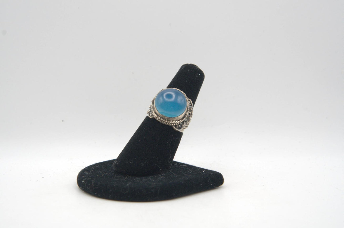 Blue Chalcedony Cabochon Bezel Set Silver Ring