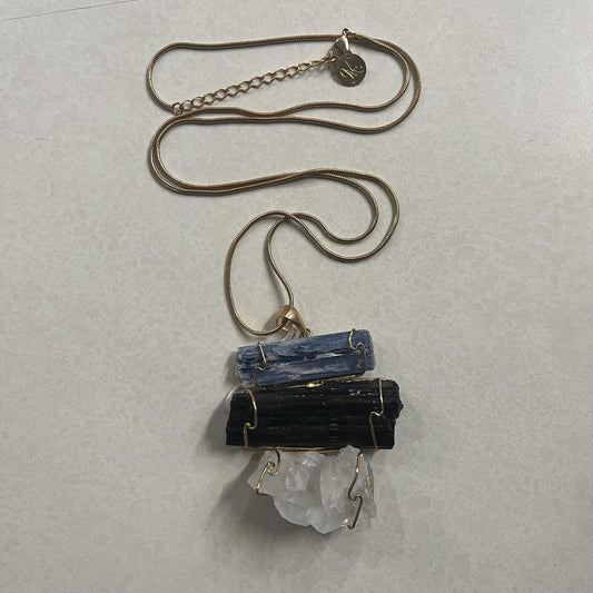 Raw Black Tourmaline, Blue Kyanite, and Quartz Wire Wrapped Necklace